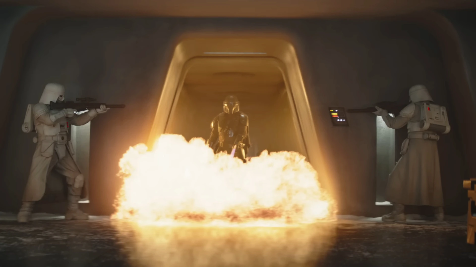 Clip presa dal trailer di Star Wars: The Mandalorian and Grogu, in cui Mando entra in scena con il lanciafiamme.