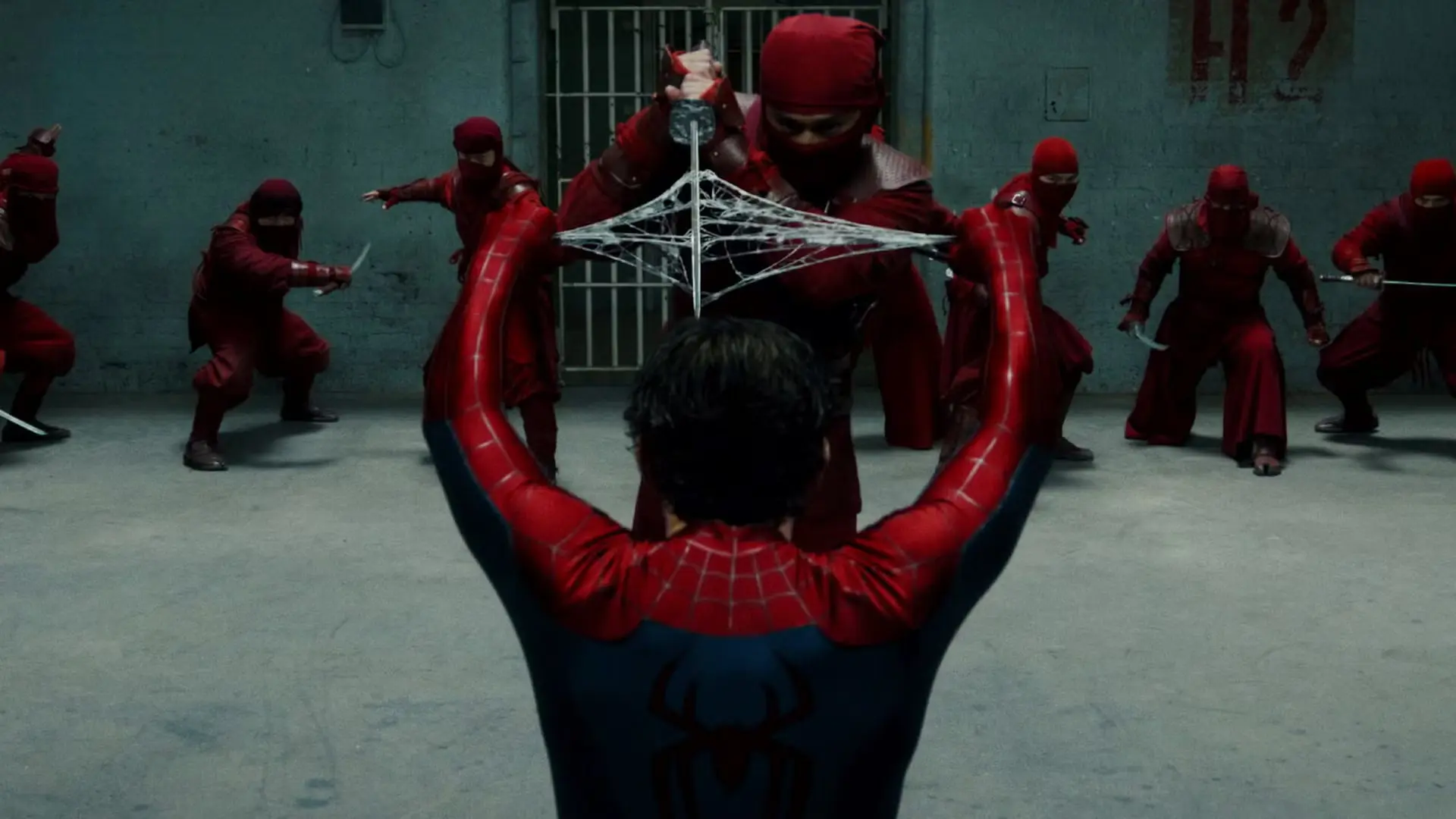 spider man holding a hand sword with his webs in spider man brand new day